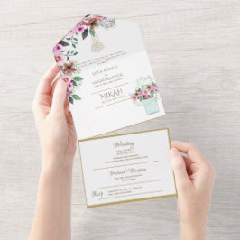 イスラーム結婚のNIKAH WALLIMAH金ゴールドフローラ オールインワン招待状