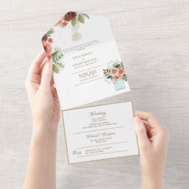 イスラーム結婚のNIKAH WALLIMAH金ゴールドフローラ オールインワン招待状