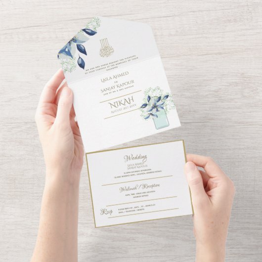 イスラーム結婚のNIKAH WALLIMAH金ゴールドフローラ オールインワン招待状 (貼ってはがせる)