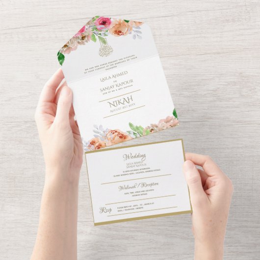 イスラーム結婚のNIKAH WALLIMAH金ゴールドフローラ オールインワン招待状 (貼ってはがせる)