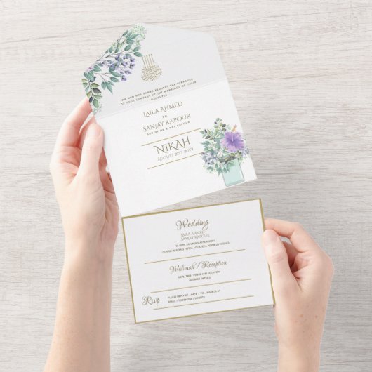 イスラーム結婚のNIKAH WALLIMAH金ゴールドフローラ オールインワン招待状 (貼ってはがせる)