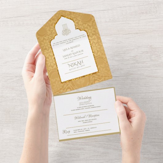 イスラーム結婚のNIKAH WALLIMAH金ゴールド華美すべて オールインワン招待状 (貼ってはがせる)
