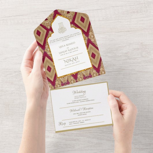 イスラーム結婚ズNIKAH WALLIMAH金ゴールドレッド華美すべて オールインワン招待状 (貼ってはがせる)