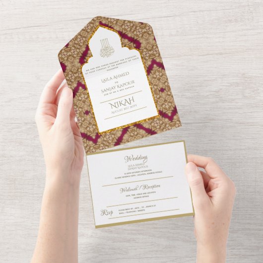 イスラーム結婚ズNIKAH WALLIMAH金ゴールドレッド華美すべて オールインワン招待状 (貼ってはがせる)