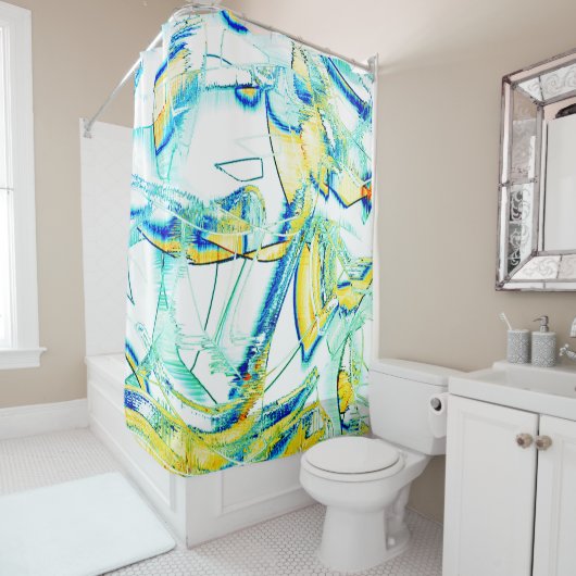 イスリップまたは滑ることンクno、イメージ（黄色、シアン、青の染み） シャワーカーテン (インサイチュ)