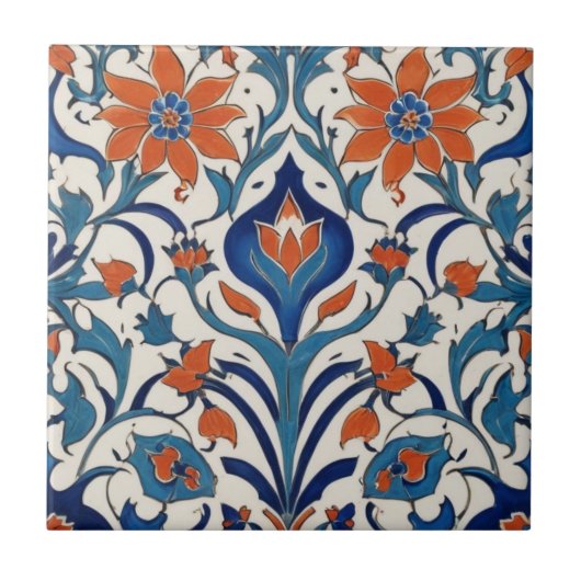 イズニクフローラヴィンテージオレンジブルー花 タイル (正面)