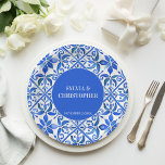 イタイスペインのモグラ結婚ム ペーパープレート<br><div class="desc">ブルーAzulejo Talaveraメキシコスペインののタイルエレガントな結婚式モノグラムのプリントされた紙プレートテンプレート鮮やか、色のはっきりした結婚式のレセプションパーソナライズされたデコール</div>