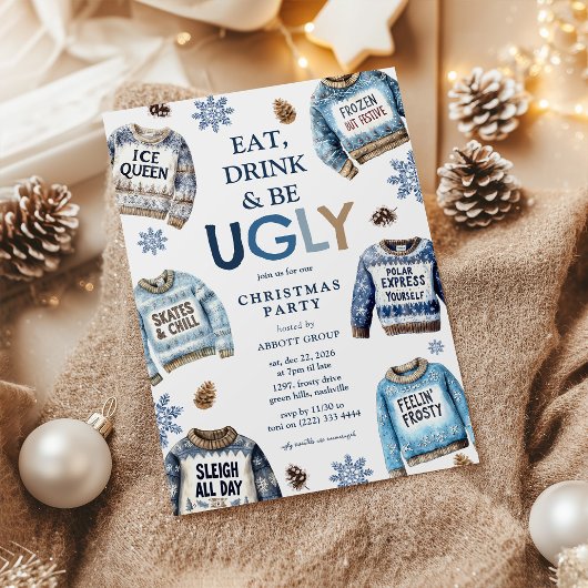 イタズラ好きなクリスマスパーティー!「Eat, Drink & Be Ugly!」醜いセーターのクリ 招待状