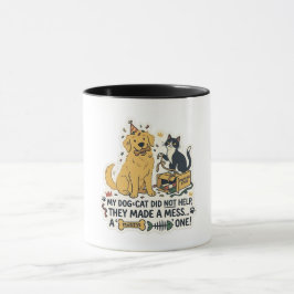 イタズラ好きな犬と猫がお茶の間を散らかした 二色デザイン コーヒーマグ マグカップ