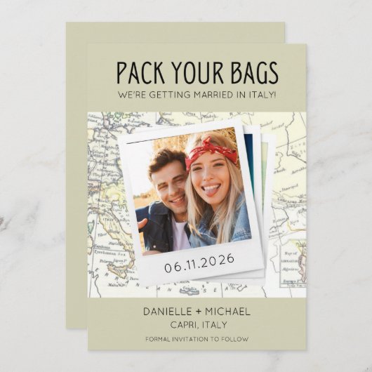 イタリアでの目的地ウェディングのための荷物をまとめて セーブザデート (正面/裏面)