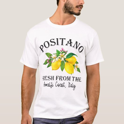イタリアのアマルフィ海岸からポジティターノの町のレモン Tシャツ (正面)