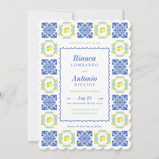 イタリアのアマルフィ海岸をイメージしたレモンタイルと手描きのウェーブフレームが特徴的な Medite 招待状 (正面)
