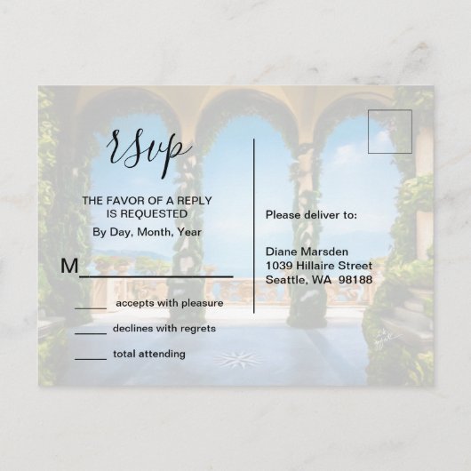 イタリアのアーチエレガントRSVPエンクロージャ インビテーションポストカード (裏面)