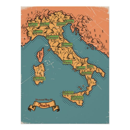 イタリアのイラスト入りの旅行地図 ポスター (正面)