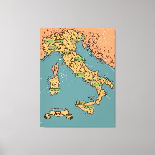 イタリアのイラスト旅行地図 キャンバスプリント (正面)