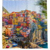 イタリアのカラフルな海辺の家々を描いた絵 シャワーカーテン (正面)
