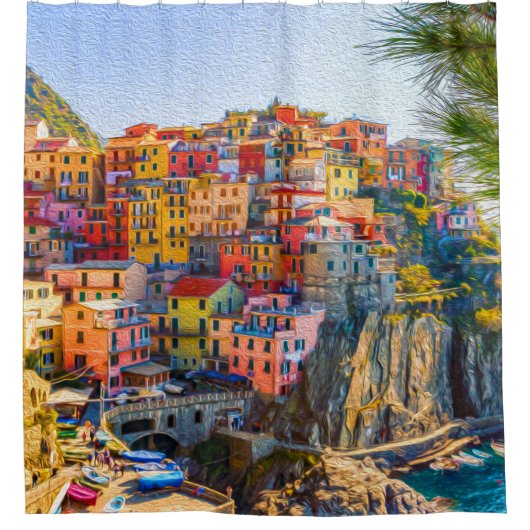 イタリアのカラフルな海辺の家々を描いた絵 シャワーカーテン (正面)