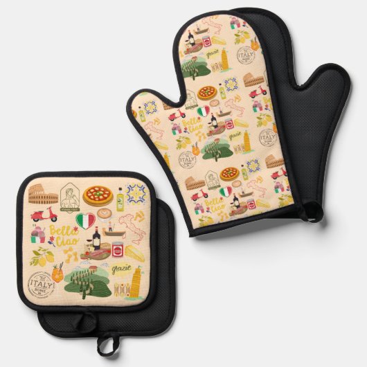 イタリアのシンボル旅行愛好家 鍋つかみ&鍋敷きセット (正面/裏面)