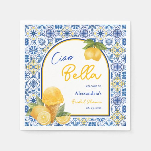 イタリアのタイル レモンジェラート ブライダルシャワー スタンダードカクテルナプキン (正面)