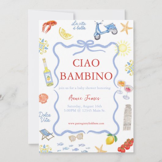 イタリアのベビーシャワー、結婚式の招待状テンプレート - チアオ バンビーノ 招待状 (正面)
