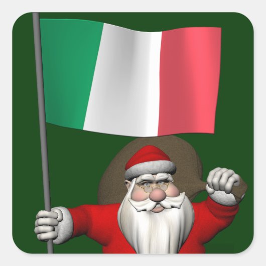 イタリアの国旗を持つサンタクロース スクエアシール (正面)