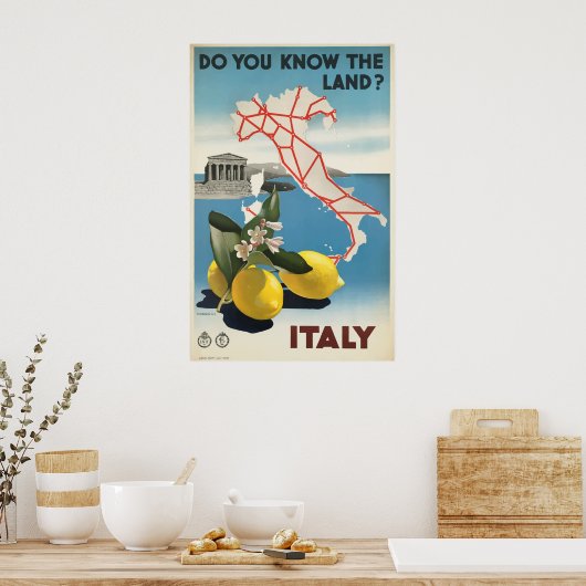 イタリアの地図とレモンのヴィンテージ旅行のポスター ポスター (キッチン)