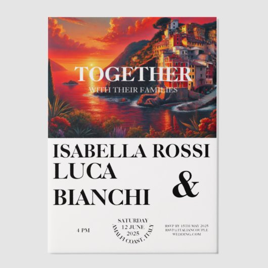イタリアの夕焼け沿岸の華麗な水彩画の風景 ベラム紙招待状 (正面)