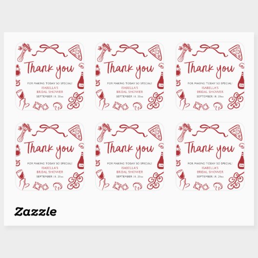 イタリアの手描きピザ、ありがとう、ブライズシャワー スクエアシール (シート)