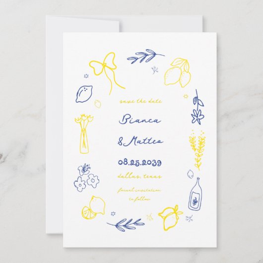 イタリアの手描きレモンフレームウェディング セーブザデート (正面)