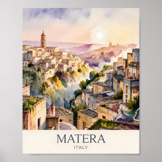 イタリアの洞窟都市、マテーラのサッシを描いたウォーターカラー ポスター (正面)