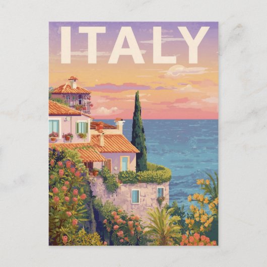 イタリアの海岸の村 日没 ポストカード (正面)