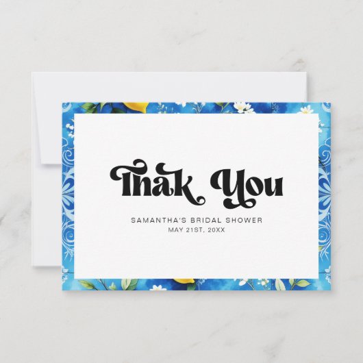 イタリアの海岸の青い水彩画のレモン ウェディングシャワーの感謝カード サンキューカード (正面)