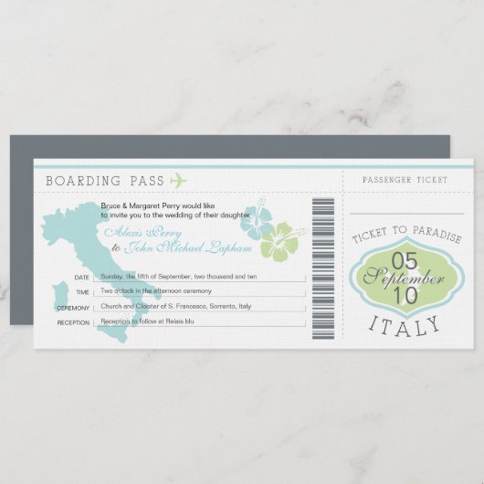 イタリアの結婚式招待状への搭乗券 招待状 (正面/裏面)