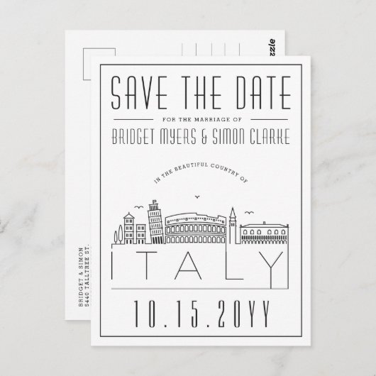 イタリアの結婚式 | スタイル化されたスカイラインの結婚式のお知らせ ポストカード (正面/裏面)