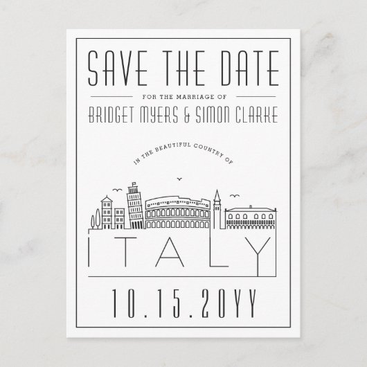 イタリアの結婚式 | スタイル化されたスカイラインの結婚式のお知らせ ポストカード (正面)