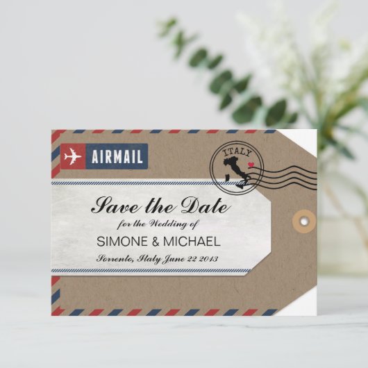 イタリアの航空郵便の荷物のラベルの保存日付 セーブザデート (スタンド正面)