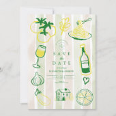 イタリアの郷土料理と結婚式の水彩画 セーブザデート (正面)