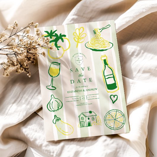 イタリアの郷土料理と結婚式の水彩画 セーブザデート