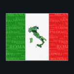 イタリアの都市、地図、および国旗 ポストカード<br><div class="desc">イタリアの地図とその都市の名専攻の前が国旗をイタリアン飾る。</div>