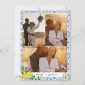 イタリアの青いタイルと水彩画の黄色い緑のレモン写真が結婚式を彩る 招待状 (裏面)