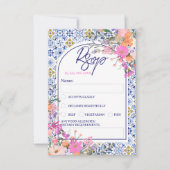 イタリアの青いタイルの水彩花の結婚式の出欠確認 招待状 (正面)