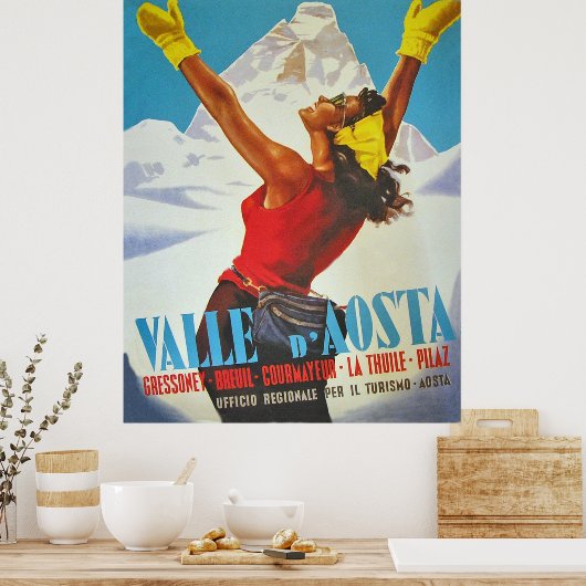 イタリアのAosta Valleyで幸せな女性。ヴィンテージ旅行 ポスター (キッチン)