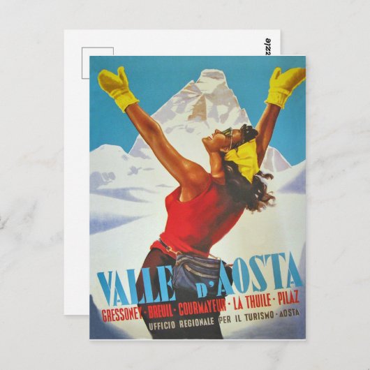 イタリアのAosta Valleyで幸せな女性。ヴィンテージ旅行 ポストカード (正面/裏面)