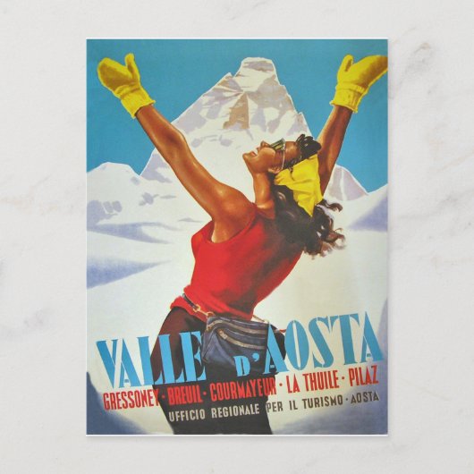イタリアのAosta Valleyで幸せな女性。ヴィンテージ旅行 ポストカード (正面)