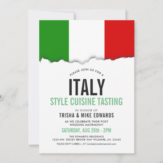 イタリアをテーマにした料理 | パーティーフラグ白招待状 招待状 (正面)
