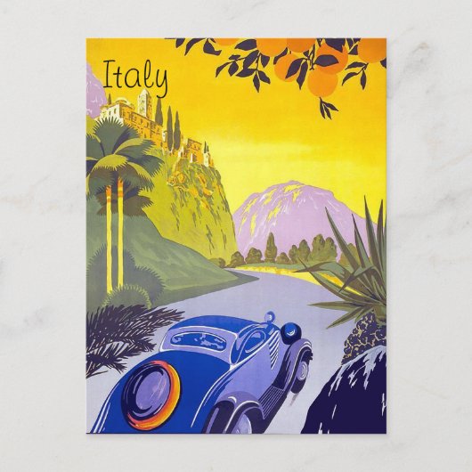 イタリアを旅する車、ヴィンテージの旅行はがき ポストカード (正面)