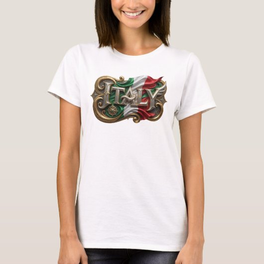 イタリアを象徴する大胆なゴールドのスローガンTシャツ Tシャツ (正面)