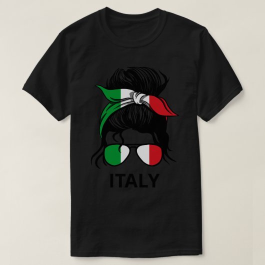 イタリアイタリアン国旗の女性Messy Buni Tシャツ (デザイン正面)