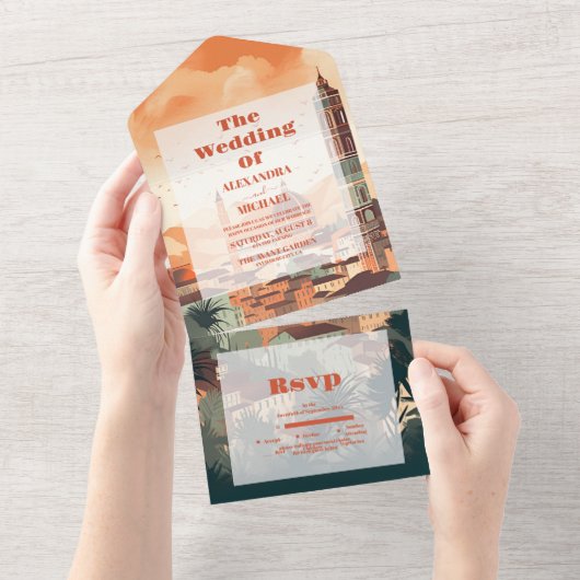 イタリアエレガントフィレンツェ行き先結婚式 オールインワン招待状 (貼ってはがせる)