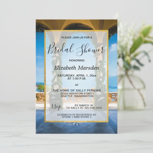 イタリアエレガント金ゴールドブルーグリーンブライダルシャワー 招待状 (スタンド正面)